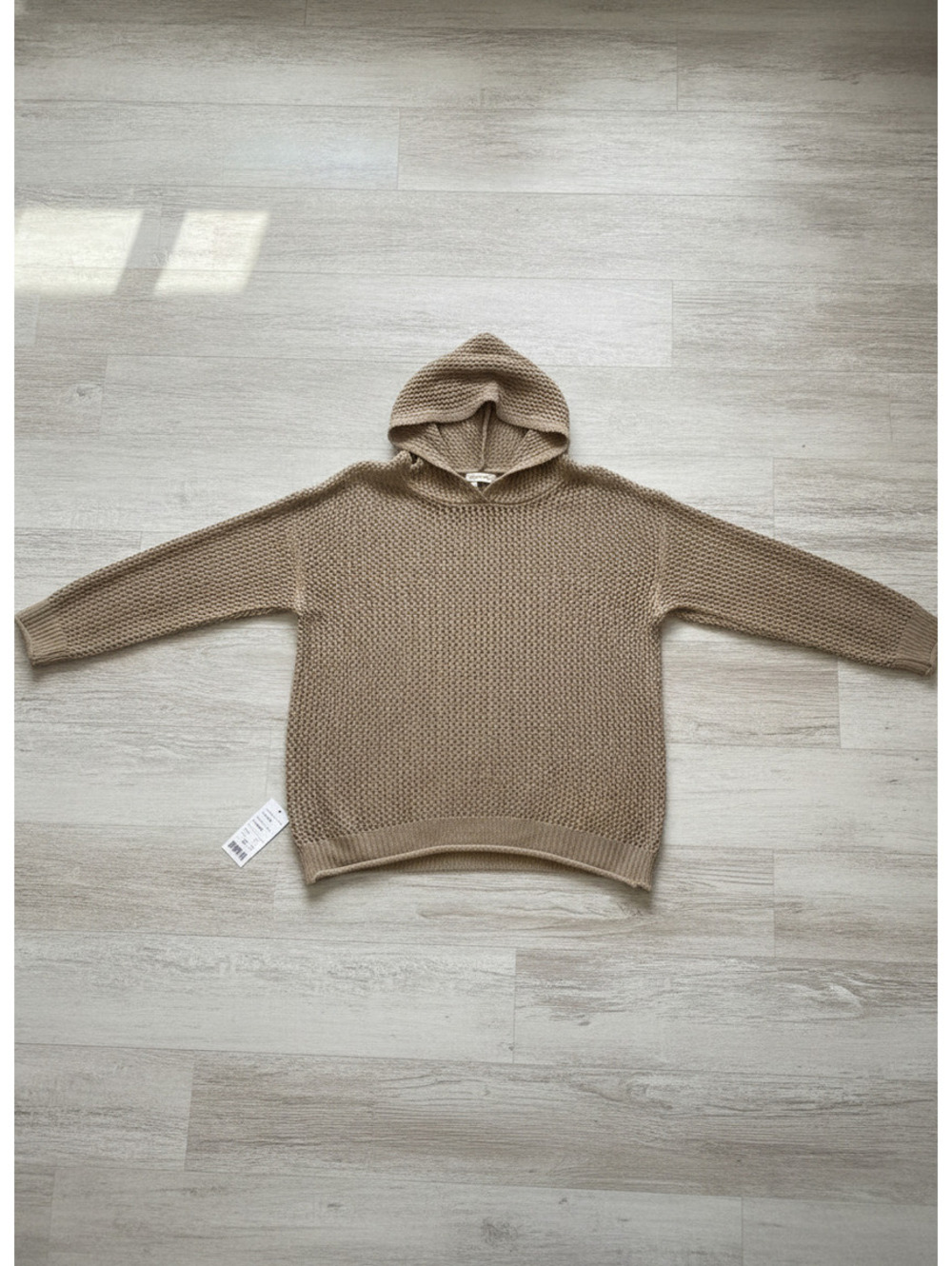XL Beige Knit Hoodie Sweater with Open Weave Pattern